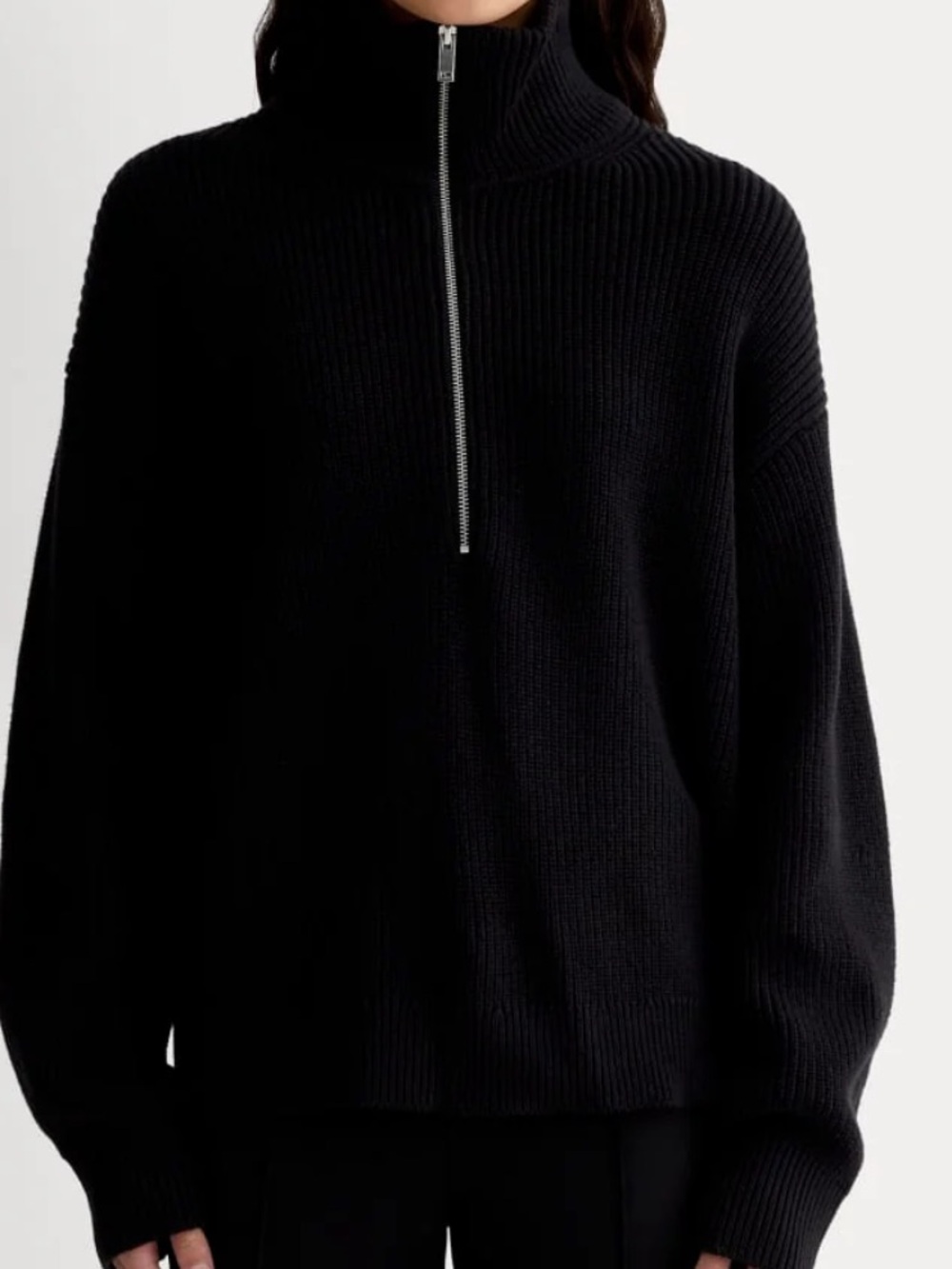 Everlane Black Ribbed Half-Zip Funnel Knit 100% wool